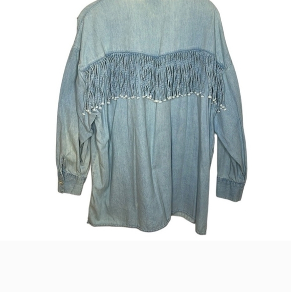 Vintage 90s Boho Fringe Western Rodeo Studded Cotton Denim Button Up Blouse - Picture 5 of 7